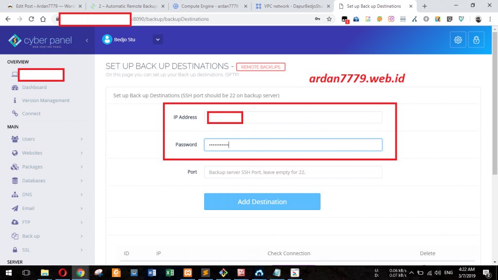 Menambahkan Remote Destination di Cyberpanel