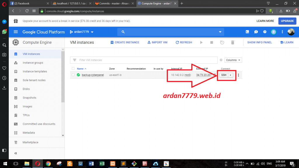 Masuk SSH di VM Google Cloud Platform