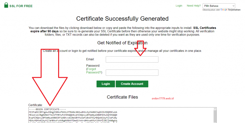 Mendaftar / Login ke sslforfree.com untuk mendapat pemberitahuan jika SSL hampir expired